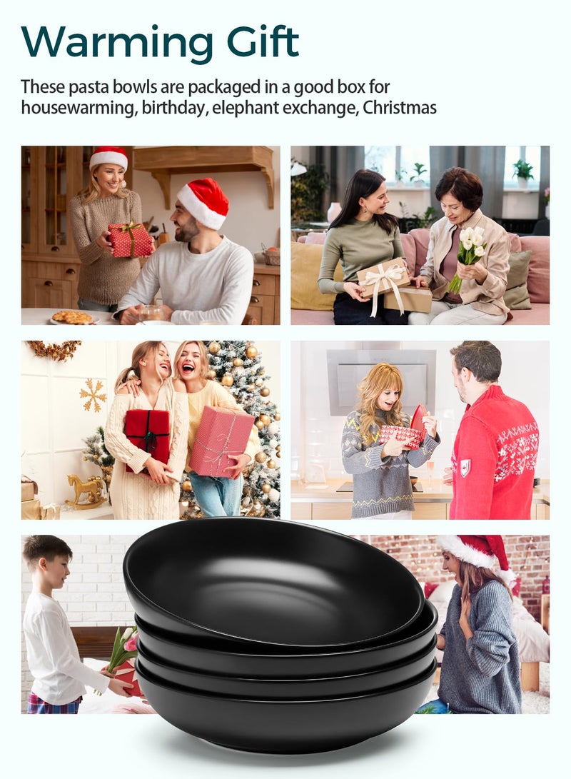 Teocera Matte Black Pasta Bowls Set of 4-35oz Large Oversized Porcelain Bowls for Spaghetti & Salad | Heat-Resistant, Chip-Resistant, Microwave & Dishwasher Safe | Smooth Non-Porous Surface - Image 3